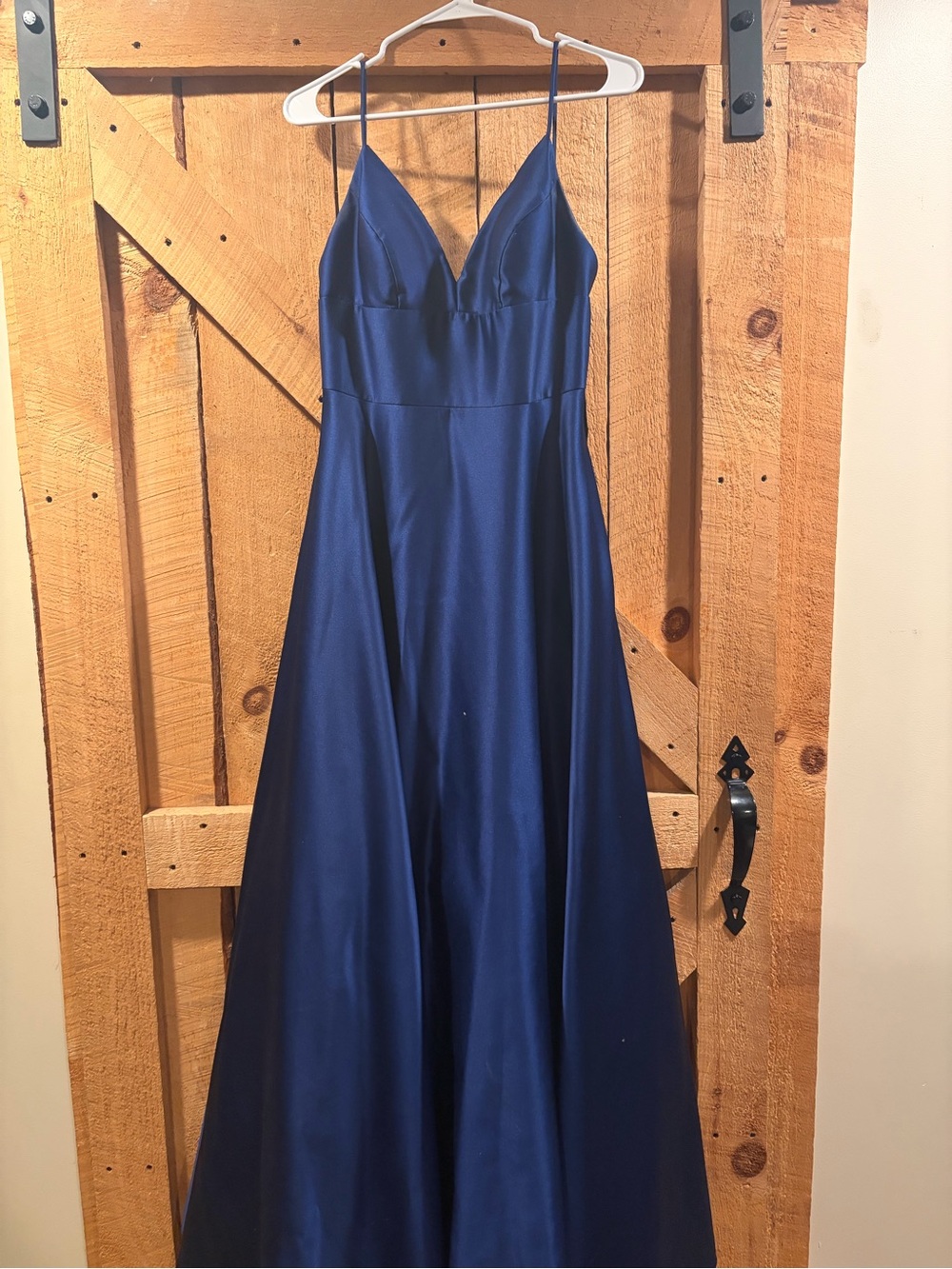 Navy Satin A-Line Spaghetti Strap Dress
